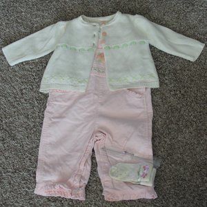 Gymboree Girls 6-12 Month (4 Piece) Pink & Cream Overall Flower Outfit - Used